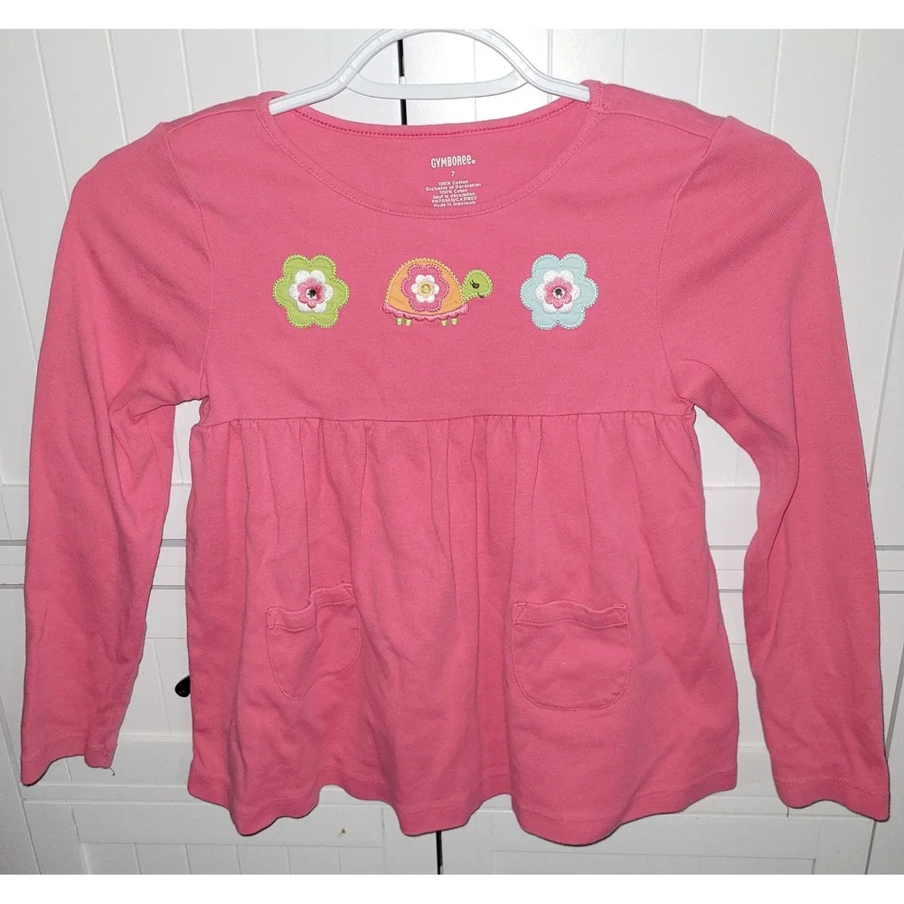 Gymboree Girls Pink Cotton Long Sleeve Turtle Flower Peplum Top Shirt Size 7 y2k